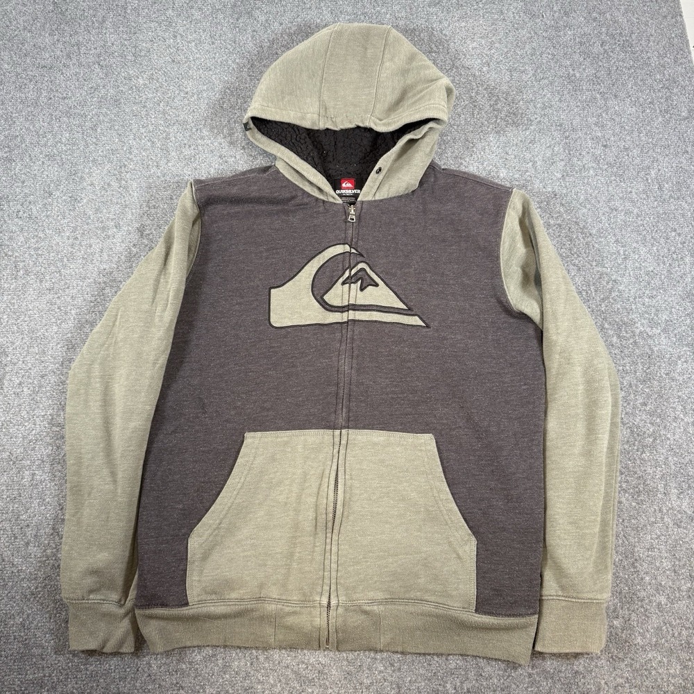 Quiksilver Hoodie Mens Medium Gray Green Sherpa Fleece Lined Full Zip Skater Y2K